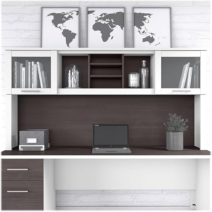 Bush Furniture Somerset 72W Desk Hutch in White and Storm Gray - LeafyLoom