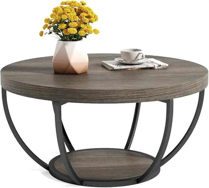 Round Coffee Table, 32" Circle Coffee Table for Living Room, 2-Tier Wood Accent Center Table with Open Storage Industrial Design Home Furniture (Grey and Black) - LeafyLoom