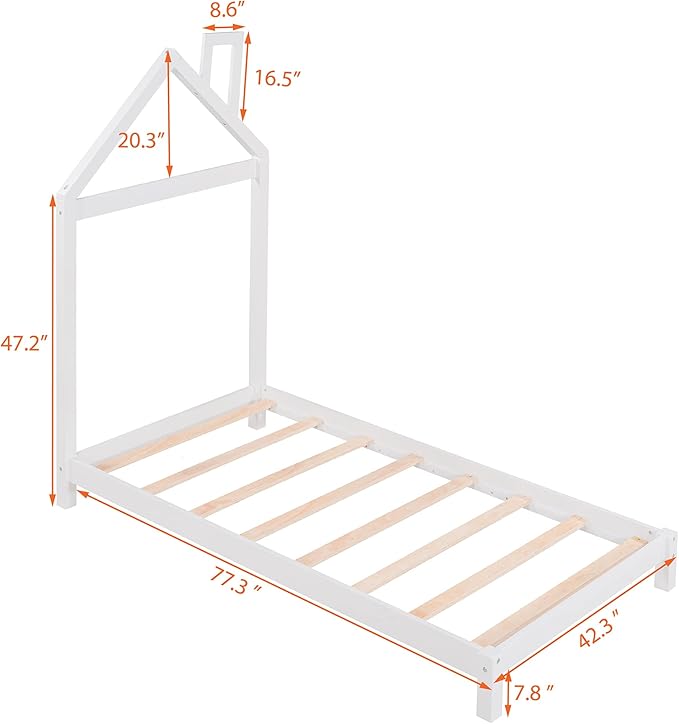 Jintop Twin Size Wood Platform Chimney and House-Shaped Headboard,Bedroom Furniture Bed Frame W/ 10 Slat Support,Easy to Install,for Teens Kids Girls Boys,White - LeafyLoom