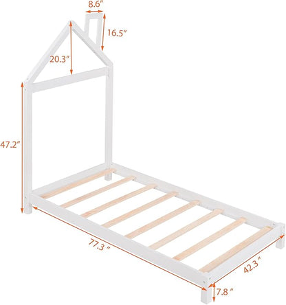 Jintop Twin Size Wood Platform Chimney and House-Shaped Headboard,Bedroom Furniture Bed Frame W/ 10 Slat Support,Easy to Install,for Teens Kids Girls Boys,White - LeafyLoom