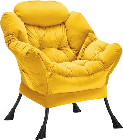 Lazy Chair Thick Padded, Accent Chair Velvet Upholstered with Wide Seat, Stable Metal Frame and Non-Slip Pad, Modern Sofa Armchair with Side Storage Bag for Dorm, Room, Office, Yellow - LeafyLoom