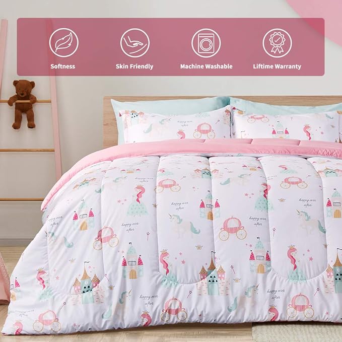 SLEEP ZONE Kids Twin Bedding Comforter Set - Super Cute & Soft Kids Bedding 5 Pieces Set with Comforter, Sheet, Pillowcase & Sham (Princess Castle) - LeafyLoom