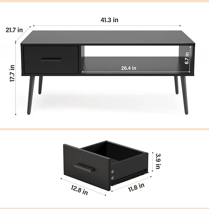 HAIOOU Coffee Table, Mid Century Modern Style Cocktail Table TV Stand with Drawer, Open Storage Shelf, Stable Floor-Anti-Scratching Pine Leg for Home, Office, Living Room - Black - LeafyLoom