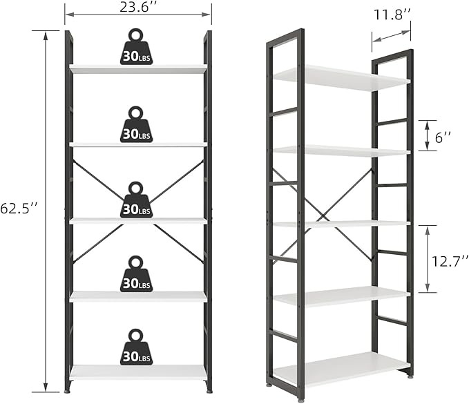 COTUBLR 5 Tier Bookshelf 24 Inch Bookcase Book Shelf Organizer Modern Tall Bookshelf Book Case Ladder Bookshelves Book Storage for Bedroom, Living Room, Home Office, Kitchen (White) - LeafyLoom