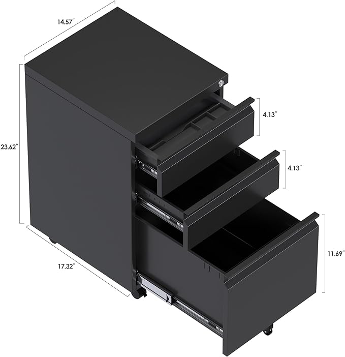 Mobile File Cabinet Under Desk, 3 Drawers Metal File Cabinet with Wheels, Rolling Filing Cabinets with Lock for Home Office Letter/Legal/A4 - LeafyLoom