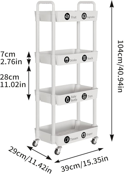 4-Tier Storage Cart,Multifunction Utility Rolling Cart Kitchen Storage Organizer,Mobile Shelving Unit Cart with Lockable Wheels for Bathroom,Laundry,Living Room,With Classified Stickers,White - LeafyLoom