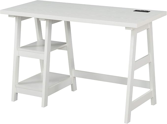 Convenience Concepts Designs2Go Trestle Desk with Charging Station and Shelves, White - LeafyLoom