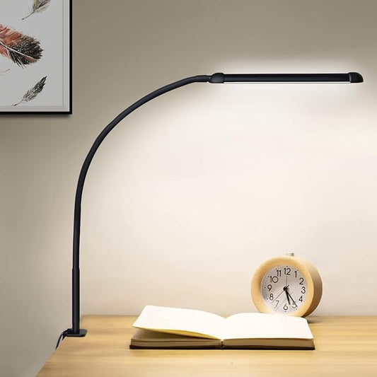 LED Desk Lamp with Clamp, Clamp Light with Adjustable Color Modes,Clip on Light with Long Flexible Gooseneck, Eye-Care Lamp Clamp for Study, Work, Home, Office, (Black, 12W) - LeafyLoom