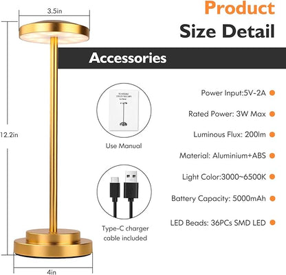 Cordless Table Lamp, Rechargeable Lamps, 5000mAh Battery Operated, LED Portable Table Lamp, 3 Color Dimmable, Aluminum, for Nightstand/Bar/Dining/Patio/Bedroom/Outdoor - LeafyLoom