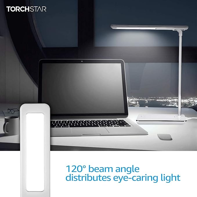 TORCHSTAR LED Desk Lamp, Dimmable Desk Lights for Reading, Table Lamps with USB Charging Port, Touch Control, 3 Color Modes, Fully Adjustable Brightness, Dorm Room, 1 & 2 Hour Auto Timer, White - LeafyLoom