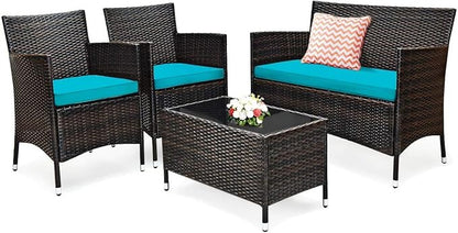 LUARANE 4-Piece Rattan Patio Furniture Set, Outdoor Wicker Sofa Couch Table Set, w/Thick Seat Cushions Tempered Glass Coffee Table, Conversation Set for Lawn Garden Poolside Backyard (Turquoise) - LeafyLoom