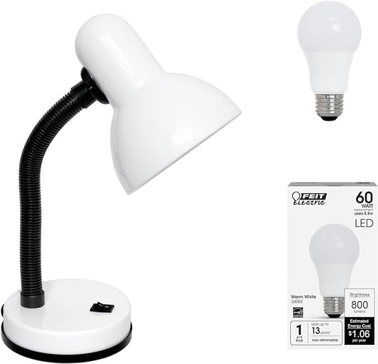 Simple Designs LD1003-WHT-LB 14.25" Basic Metal Desk Lamp with Flexible Hose Neck for Office, Living Room, Bedroom, College Dorm, Bookshelf, White, with Feit LED Bulb Included - LeafyLoom