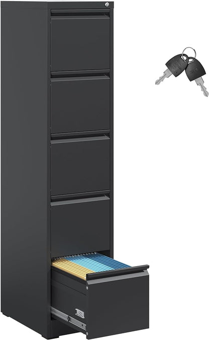 5 Drawer File Cabinet,Metal Filing Cabinets with Lock,Vertical File Cabinet for Home Office,Black Heavy Duty Metal Storage Cabinet for A4/Letter/Legal Size File,Assembly Required - LeafyLoom