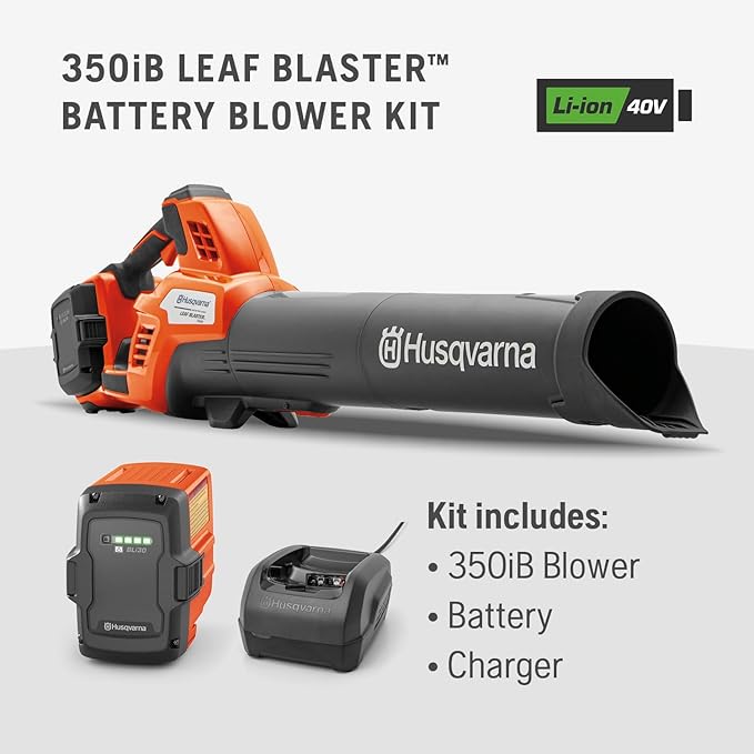 Husqvarna Leaf Blaster 350iB Battery Powered Cordless Leaf Blower, 200-MPH 800-CFM Battery Leaf Blower with Brushless Motor and Quiet Operation, 40V Lithium-Ion Battery and Charger Included - LeafyLoom