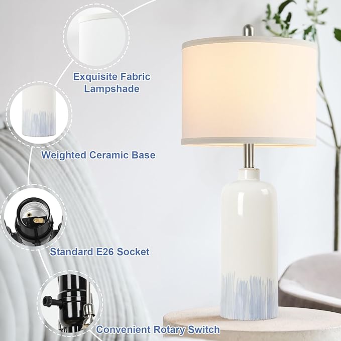 26" Ceramic Table Lamps Set of 2, Coastal Living Room Table Lamps with White Fabric Shades, Large Modern Bedside Lamps for Bedroom Nightstand Office Hotel Beach House, Blue Accent - LeafyLoom