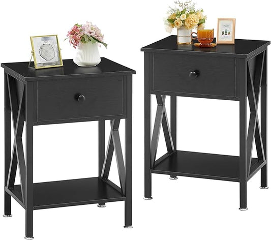 VECELO Night Stands for Bedroom Rustic Bedside End Tables with Drawer Storage, Nightstand (Set of 2), Black(Set of 2) - LeafyLoom