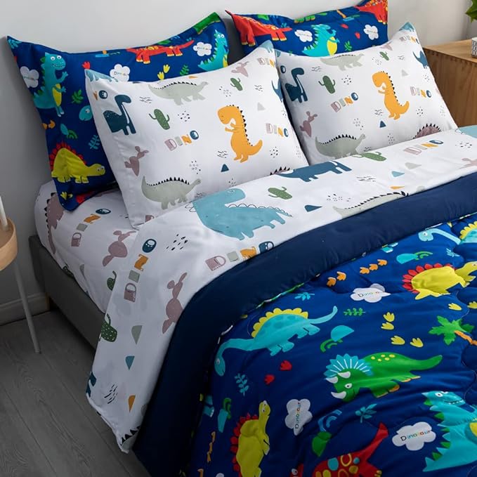 Wajade 7 Piece Kid Boys Dinosaur Comforter Set Full Size 3D Blue Dinosaur Wild Park Jungle Print Bedding Set with Comforter, Sheet Set, Pillowcase and Sham - LeafyLoom