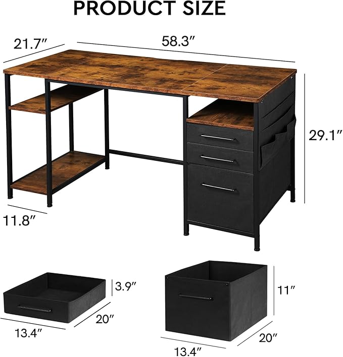 Ｍａｉｈａｉｌ Maihail Home Office Desk with Drawers Adjustable Shelves, 59 inch Writing Desk with File Cabinet, Large Computer Desk with Storage, Rustic Brown - LeafyLoom