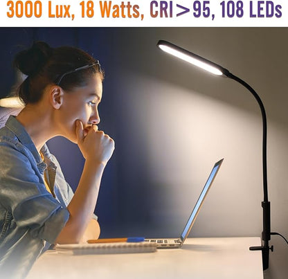 Clamp on Lamp, LED Clamp Desk Lamp, 3000 LMS, 18W, CRI>95, 3 Color Modes, 16 Brightness Levels, Eye-Caring Task Lamp with Remote for Reading, Office, 0.5H/1H Timer (Adapter Included) - LeafyLoom