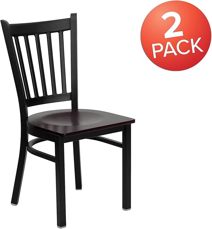 Flash Furniture 2 Pk. HERCULES Series Black Vertical Back Metal Restaurant Chair - Mahogany Wood Seat - LeafyLoom