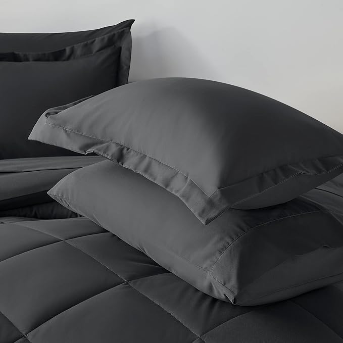 CozyLux Queen Bed in a Bag 7-Pieces Comforter Sets with Comforter and Sheets Dark Grey All Season Bedding Sets with Comforter, Pillow Shams, Flat Sheet, Fitted Sheet and Pillowcases - LeafyLoom