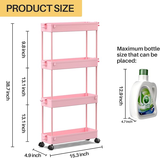 SPACEKEEPER Slim Rolling Storage Cart 4 Tier Bathroom Organizer Utility Cart Mobile Shelving Unit Tower Rack for Kitchen, Laundry Room, Bathroom, Narrow Places, Pink - LeafyLoom