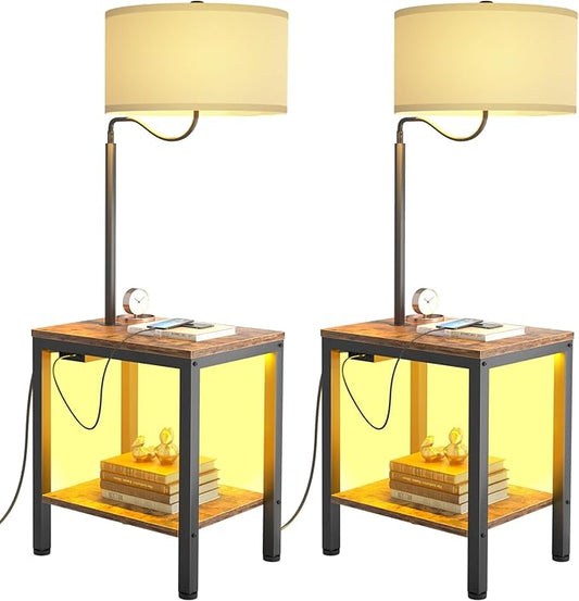 LED Floor Lamp with Table, Rustic Brown Side Table with LED Light and Power Outlet, Nightstand with Lamp, End Table with Lamp Attached for Living Room Bedroom, USB Ports, Bulb Included, 2 Pack - LeafyLoom