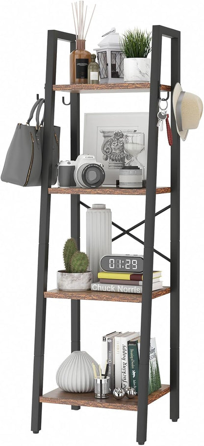 YMYNY 4 Tiers Ladder Bookcase, Industrial Narrow Bookshelf, Open Display Rack with 4 S Hooks, Metal Storage Shelves for Bedroom, Home Office, Living Room, Rustic Brown, 49.2H*13.4L*11.8W, UHBC024H - LeafyLoom