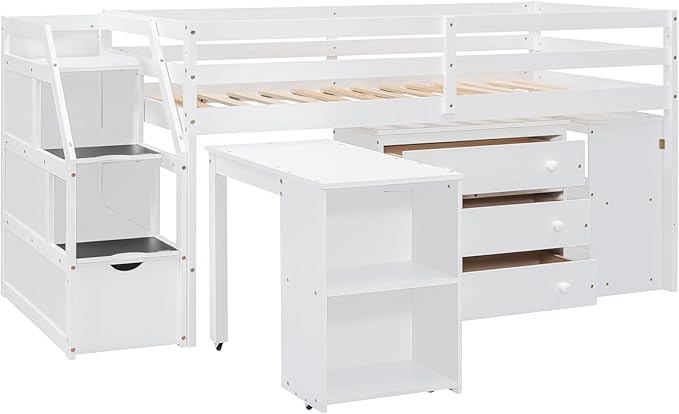 Loft Bed Frame, Twin Size Low Loft Bed with Storage Stairs, Shelves, Retractable Writing Desk and 3 Drawers, Wooden Twin Lofbed Frame for Kids Boys Girls Bedroom, Space-Saving Design, White - LeafyLoom