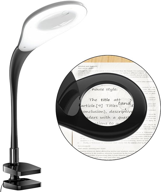 Magnifying Glass with Light, Flexible Gooseneck 3X&5X Glass Lens LED Magnifying Desk Lamp with Clamp, Hand Free Magnifying Lamp with Dust Cover for Reading, Painting, Craft, Repair - LeafyLoom