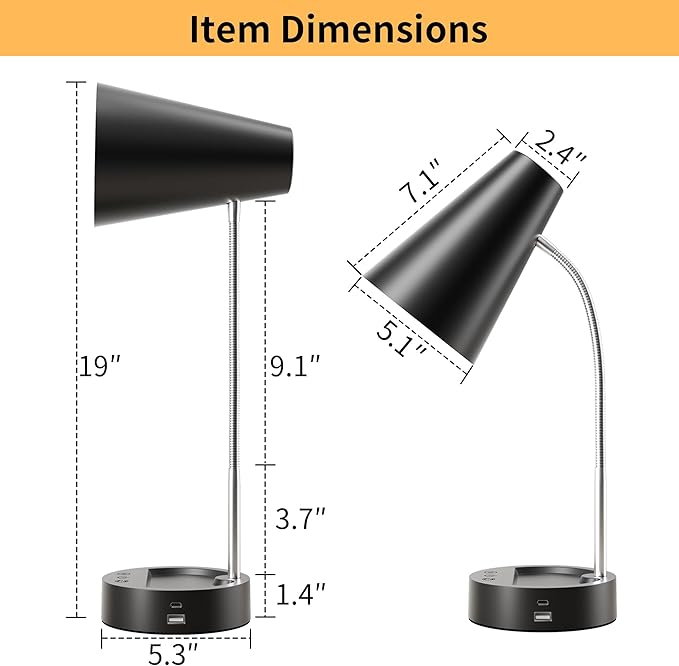 RUNTOP Desk Lamp, Black Desk Lamps for Home Office, LED Desk Light with USB Port and Type C Port, 5 Brightness Levels, 5 Color Temperatures, Flexible Gooseneck Desk Lamp, Table Lamp for Reading Study - LeafyLoom