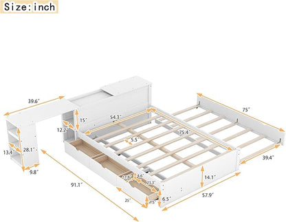 Wood Full Size Platform Bed with Headboard W/Build-in Rolling Desk, Full Bed Frame with Trundle Bed and Storage Drawers for Teens Kids Adults, No Box Spring Needed, White - LeafyLoom