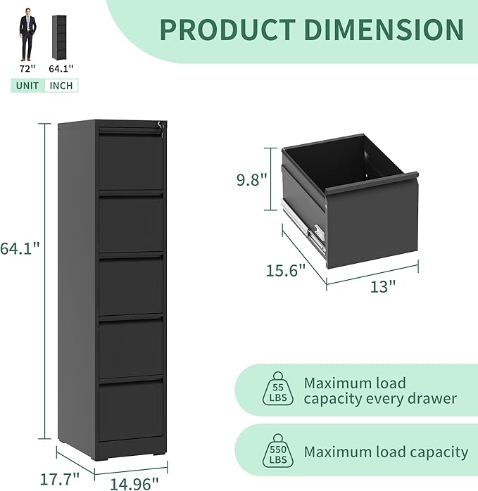 5 Drawer Vertical File Cabinet, Metal File Cabinets with Lock for Home Office, Heavy Duty Office Steel Filing Cabinet for Hanging Files for A4/ Legal/Letter,Assembly Required (Black) - LeafyLoom