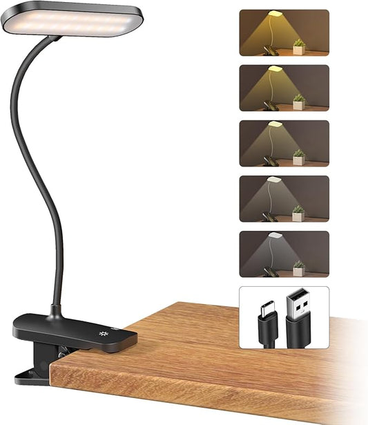 CUHIOY Desk Lamp Clip on Reading Light, USB-C Battery-Operated Rechargeable Table Lamps with Clamp for Dorm Home Office, 38LEDs Bed Headboard Light, 5 Colors 5 Brightness, Flexible Gooseneck（Black） - LeafyLoom