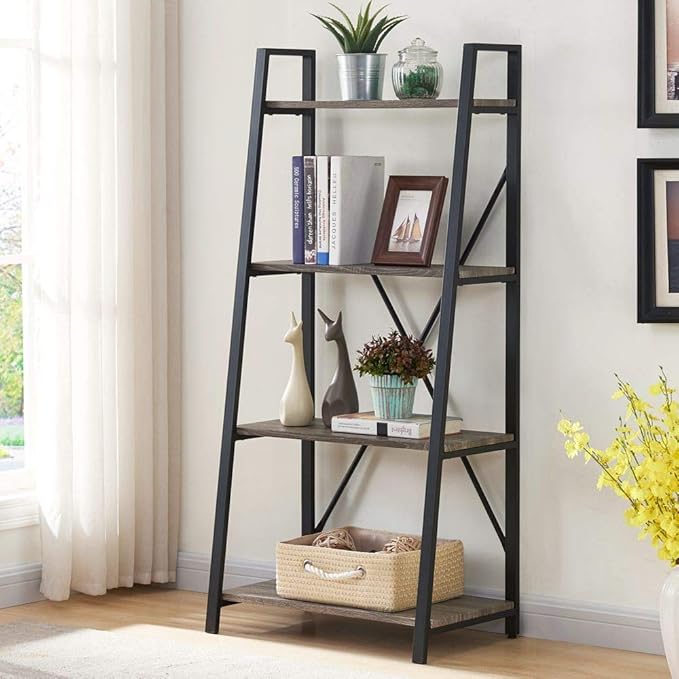 BON AUGURE Rustic Ladder Bookshelf, 4 Tier Industrial Ladder Shelf Bookcase, Standing Leaning Book Shelves for Living Room (Dark Gray Oak) - LeafyLoom