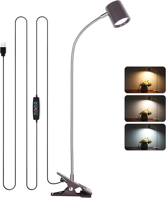 Dott Arts Desk Lamp,USB Clip On Light with 3 Color Modes,LED 10 Levels Brightness Reading Lamp, 360° Gooseneck Book Light,Eye-Care Reading Light for Home Office,Headboards Brown - LeafyLoom