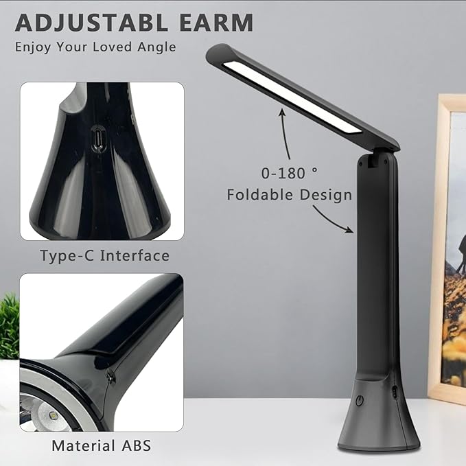 Rechargeable Desk Lamp with Flashlight Function, Battery Powered Desk Lamps for Home Office, Portable Foldable LED Desk Lamps, Cordless Desk Lamps, Small Lamps for Small Spaces, Black - LeafyLoom