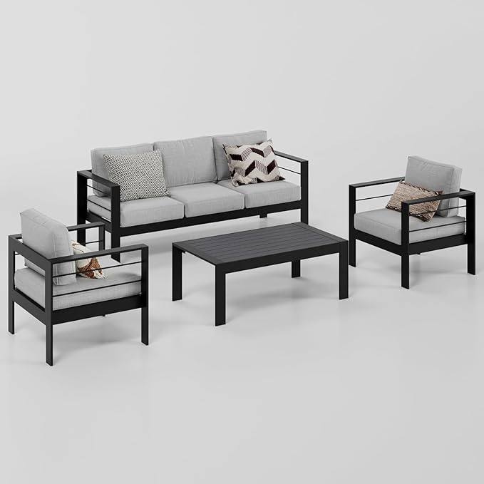 Wisteria Lane Aluminum Outdoor Patio Furniture Set, 4 Pcs Modern Outdoor Conversation Set Sectional Sofa with Upgrade Cushion and Coffee Table for Balcony,Black Frame and Grey Cushion - LeafyLoom