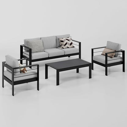 Wisteria Lane Aluminum Outdoor Patio Furniture Set, 4 Pcs Modern Outdoor Conversation Set Sectional Sofa with Upgrade Cushion and Coffee Table for Balcony,Black Frame and Grey Cushion - LeafyLoom