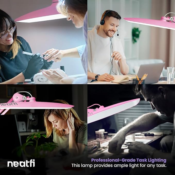 Neatfi XL 2,200 Lumens LED Task Lamp, 24W Super Bright Desk Lamp, 117 Pcs SMD LED, 4 Level Brightness, Dimmable, Task LED Light for Home, Office, Workbench (Non-CCT, Pink) - LeafyLoom