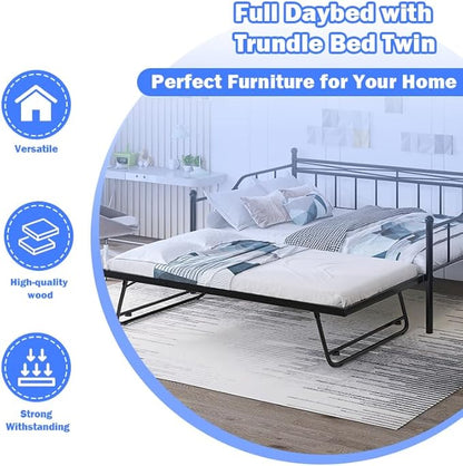 Full Daybed with Trundle Bed Twin, Metal Day Bed Frame with Pop Up Trundle, Metal Sofa Bed with Portable Folding Trundle for Bedroom, Living Room, Guest Room, Home, No Box Spring Needed, Black - LeafyLoom