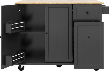 Kitchen Island with Drop Leaf,53.9" W Rolling Mobile Kitchen Cart W/Storage Rack,3 Tier Pull Out Cabinet Organizer,Spice-Rack&Towel-Rack,for Dining Room,Home Bar,Black - LeafyLoom