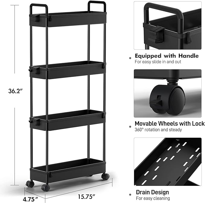 SOLEJAZZ Slim Storage Cart, 4 Tier Bathroom Organizer Mobile Shelving Unit, Rolling Utility Cart Slide Out Organizer for Kitchen, Bathroom, Laundry, Narrow Places, Black - LeafyLoom