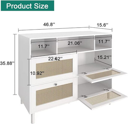 Sideboard Buffet Cabinet, Kitchen Storage Cabinet with Power Outlet & Led Lights, Accent Cabinet with 4 Rattan Doors, White - LeafyLoom