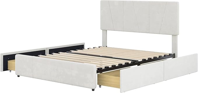 Full Size Upholstered Platform Bed Frame with 4 Storage Drawers and Adjustable Headboard, Wooden Slats Support, No Box Spring Needed, Beige - LeafyLoom