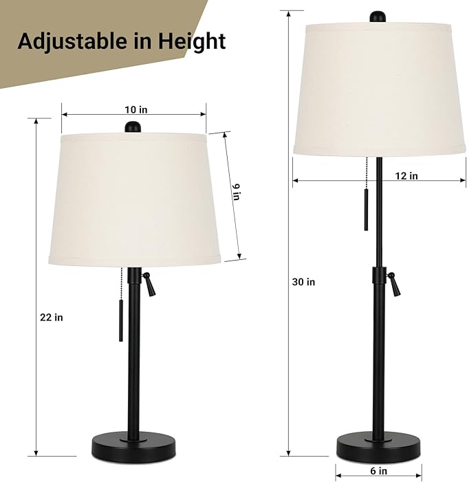 Bedside Table Lamps Set of 2: Tall Black Table Lamps for Living Room End Table | Height Adjustable 3-Way Dimmable Nightstand Lamp with Pull Chain Switch Modern Lamps for Bedroom Office(Bulbs Included) - LeafyLoom