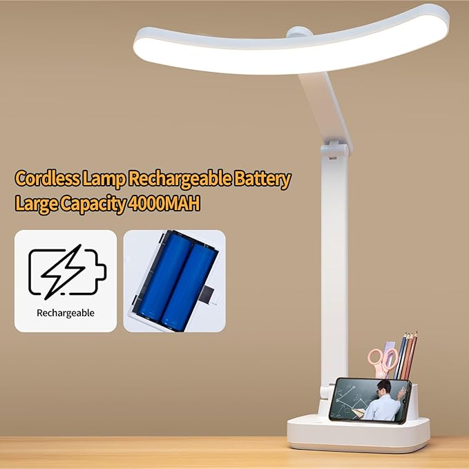 Cordless Desk Table Lamp Rechargeable Big Battery 4000MAH,Tall Reading Light 24inch /Bright 60 LED 8W / Touch Dimmable/Multifunctions,Wireless Lamp for Home Bedroom Bedside Office Dorm - LeafyLoom