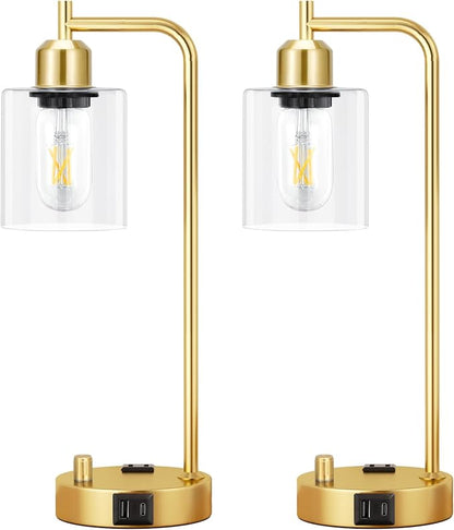 Industrial Table Lamps for Bedroom Set of 2 - Fully Dimmable Bedside Lamps with USB Ports and Outlet, Gold Nightstand Lamps with Clear Glass Shade for Living Room, Desk Lamps for Office Reading - LeafyLoom