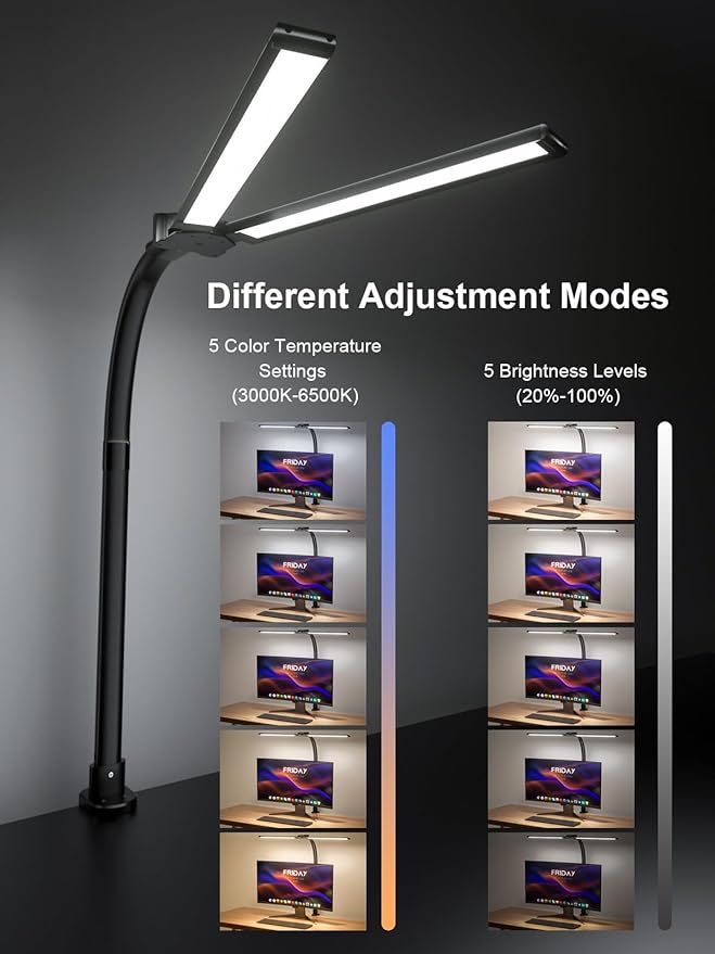 RGB Double Swing Arm Desk Lamp - 24W Ultra Bright Auto Dimming Desk Light, Multi-Angle Adjustment, Touch Control Desktop Lamp- Ideal for Home Office, Gaming, Reading, Work - LeafyLoom