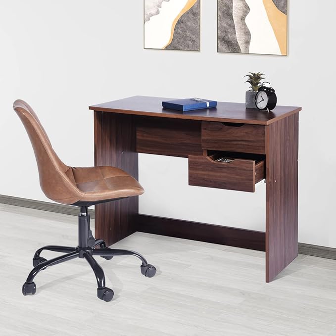 Home Office Computer Desk, 35.4" Small Study Writing Table, with Storage Drawers, Modern Teen Student Adult PC Table Desk, Walnut - LeafyLoom